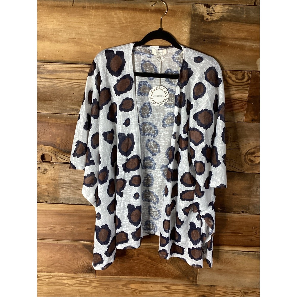 Umgee L/XL Kimono Tunic Top Leopard Animal Print Cream Black Short Sleeve NEW